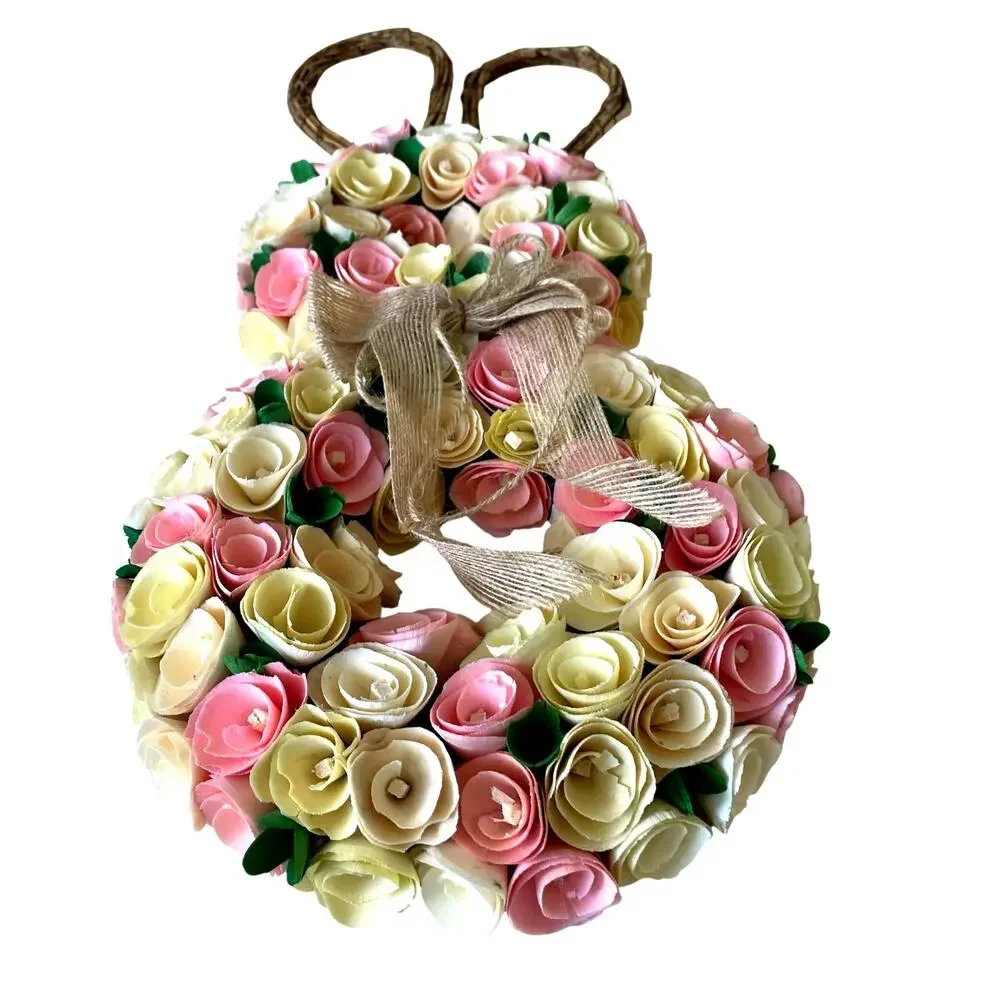 Bunny Shaped Wood Curl Floral Wreath 24in Pink & Yellow Easter Spring Decor NEW